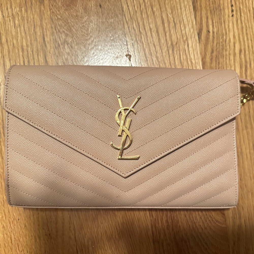 Authentic Saint Laurent Pale Pink Chevron Quilted Envelope Clutch with Gold Logo